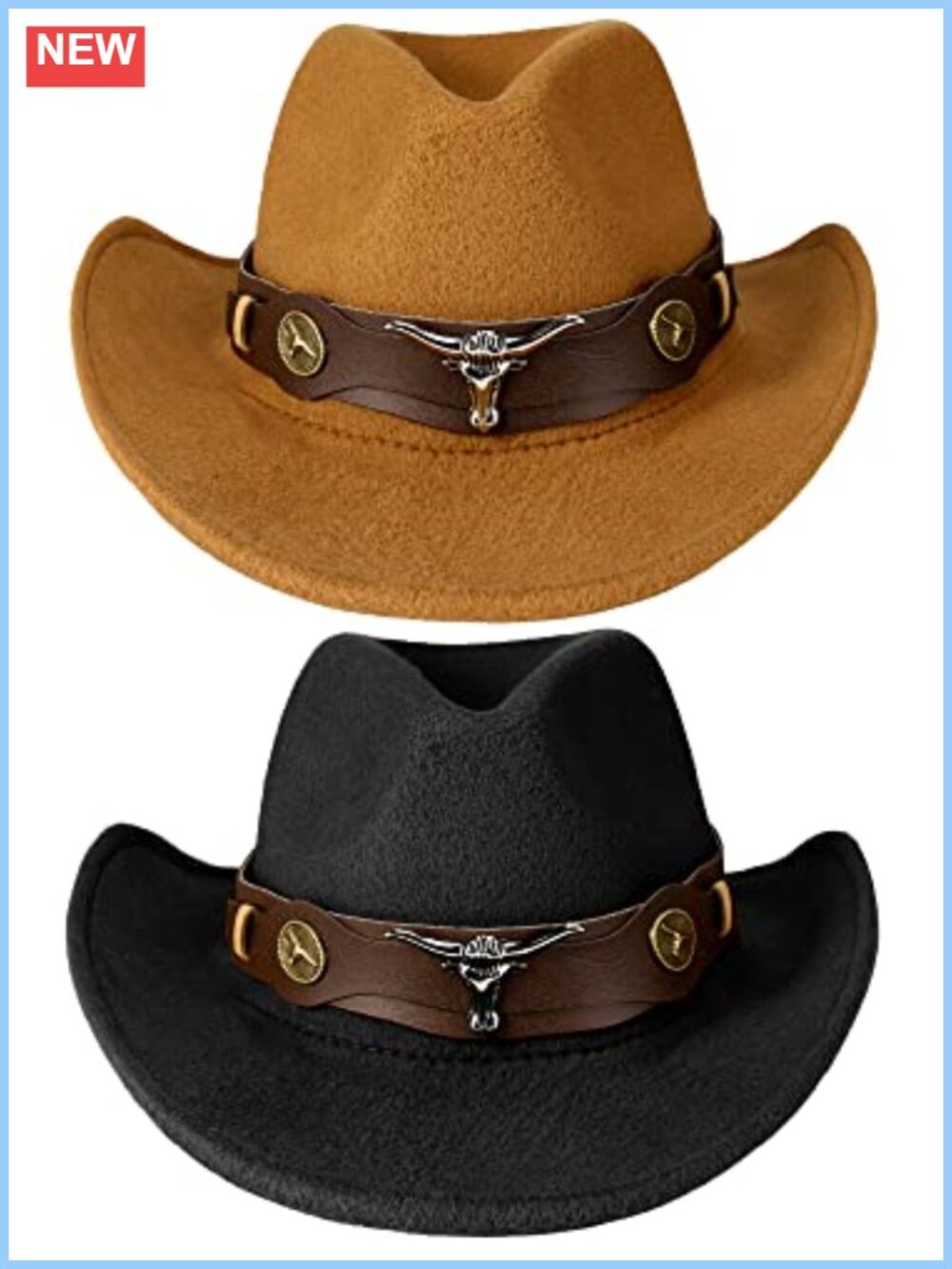 2 Pack Western Cowboy Hats Artificial Leather Adjustable Wide Brim